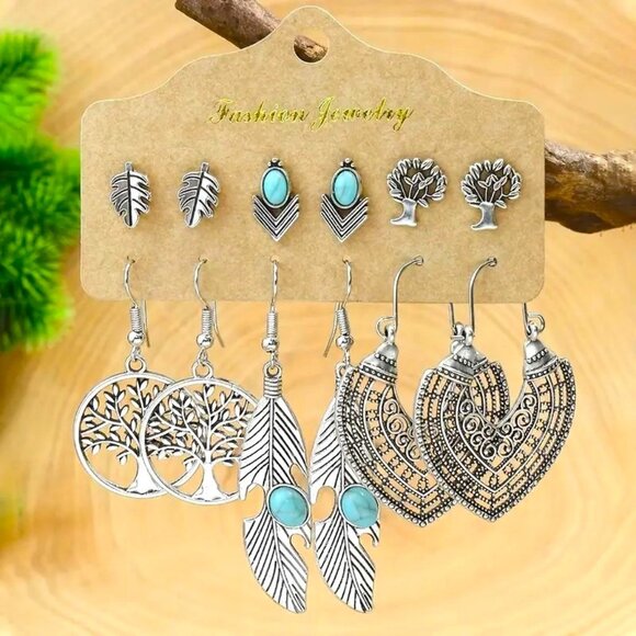 6pr Turquoise Tree Of Life Earrings Dangle Gypsy Boho Hippie Native Feather Leaf - Picture 1 of 2